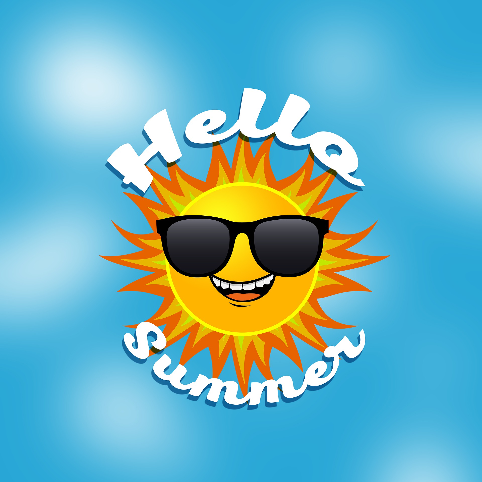 Summer sun with sunglasses and text "Hello Summer"