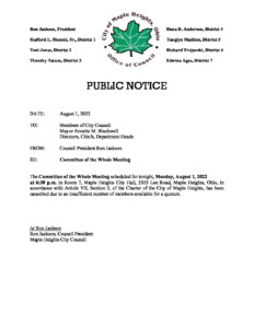 City Council Committee of the Whole Meeting-Cancellation Notice @ Maple Heights City Hall, Room 7