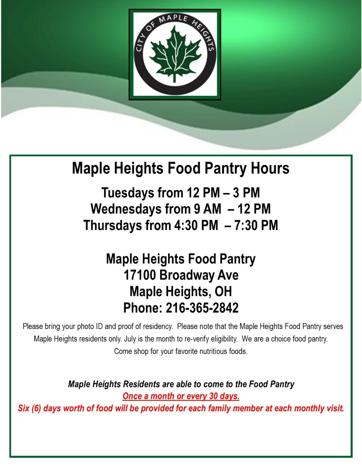 Maple Heights Food Pantry resumes visits every month/30 days City of